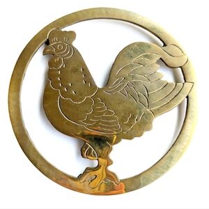 ROOSTER Solid Brass Vintage Trivet Golden Retro Potholder Farmhouse New